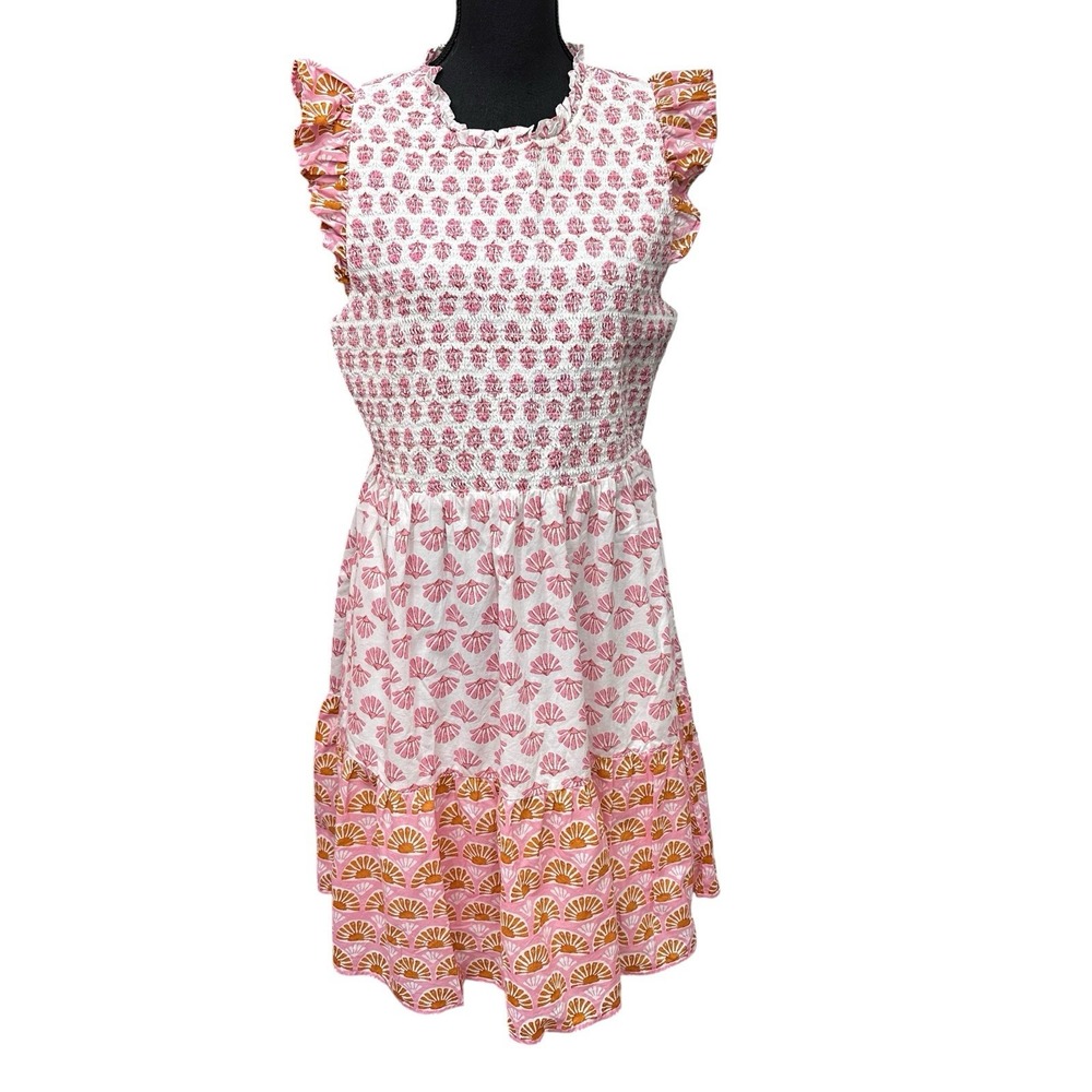 J.Crew Smocked Ruffle Cap Sleeve Mini Dress Pink Shell Print Women's Size Larger